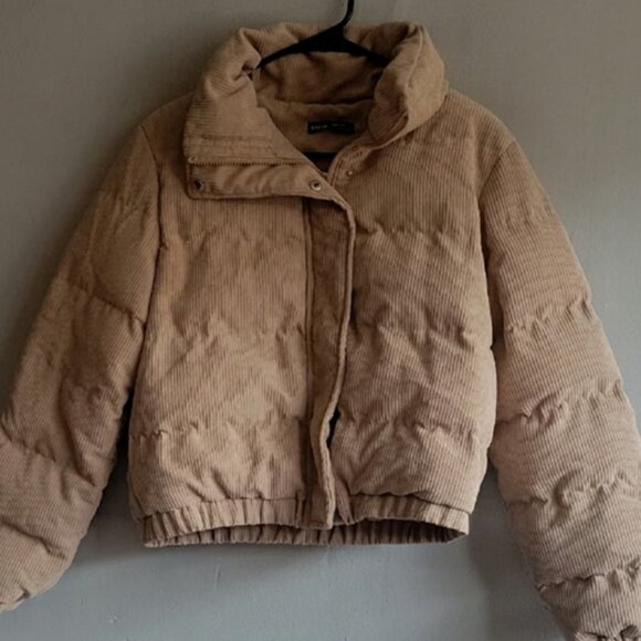 NEW women's medium beige tan corduroy puffer jacket cropped cozy coat oversized - Picture 2 of 9